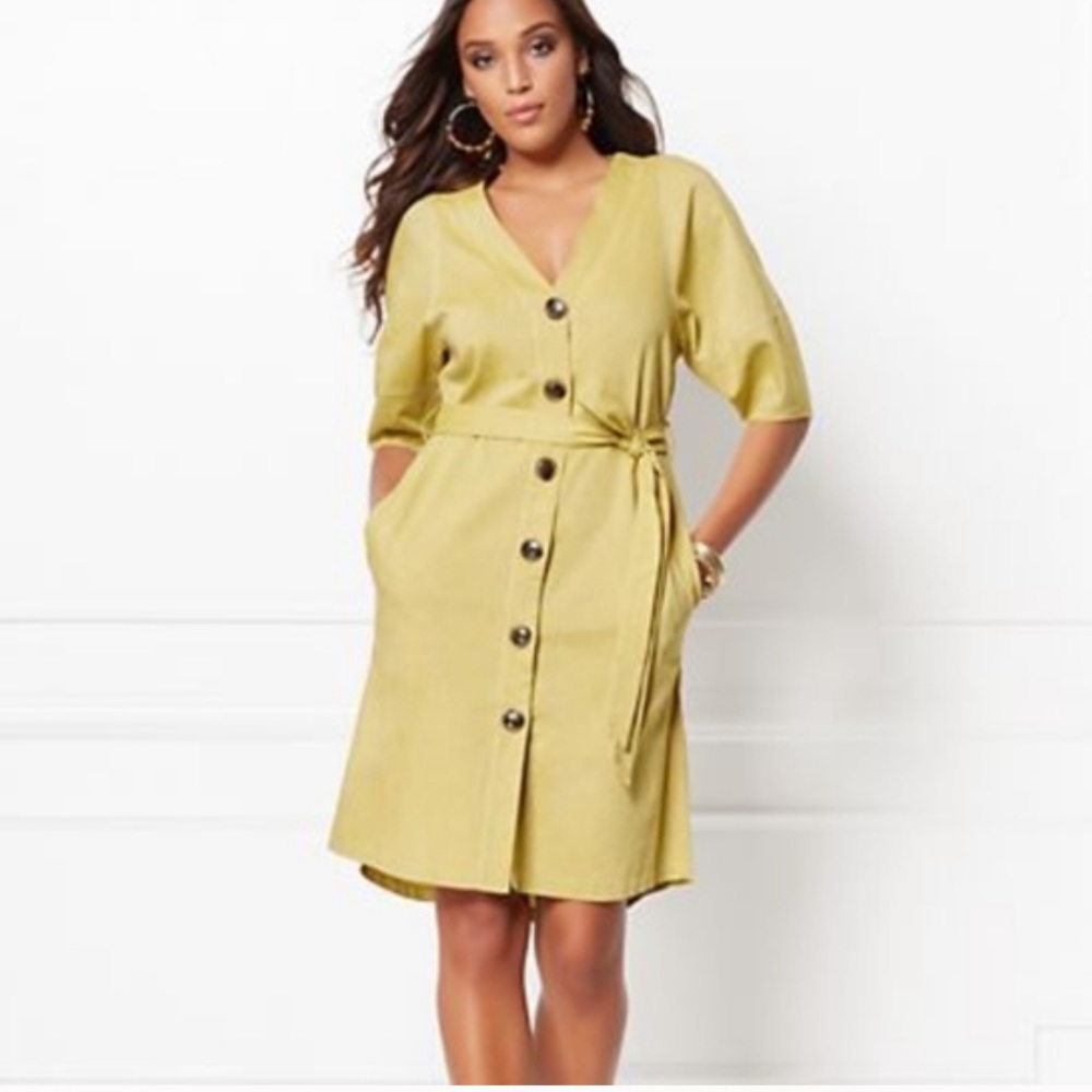 New York & Co x Eva Mendes yellow linen blend shirt dress Medium - Picture 6 of 15